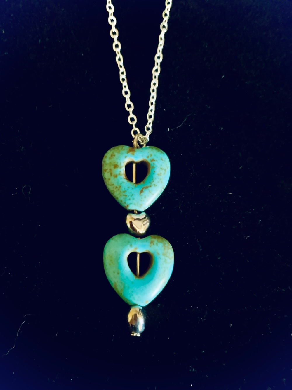 Real Turquoise Heart Pendant Necklace - Double Drop